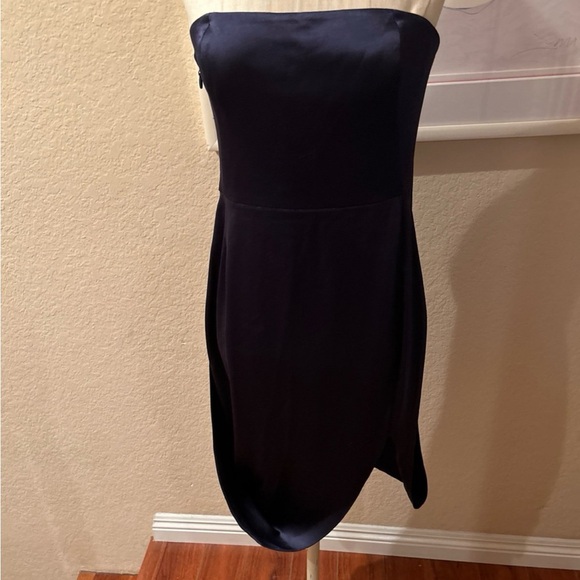 NWT Halston Heritage Strapless Draped Satin Mini Dress, Dark Navy - Picture 3 of 10
